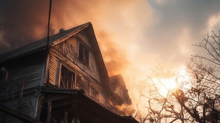 Low angle view of an old wooden house burning. Thick dark smoke billows into the sky, illuminated by fire and sunlight. Ideal for disaster, accident, or arson concepts.