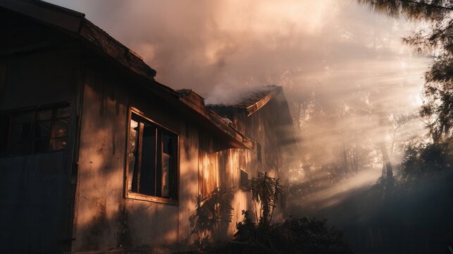 Weathered wooden house engulfed in smoke with dramatic sun rays piercing through. Cinematic scene of fire damage or abandonment, evoking mystery and destruction.