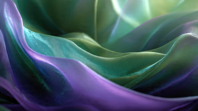 Abstract, flowing fabric shimmers with iridescent hues of soft purple, serene aqua, and vibrant green. Elegant drapes create a beautiful, ethereal texture.