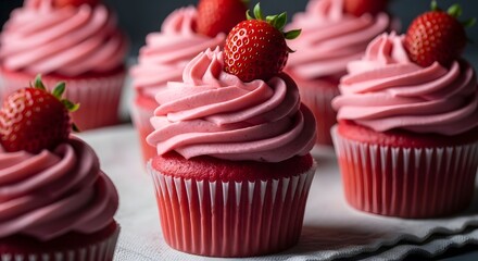 Strawberry cupcakes with pink frosting and fresh strawberries