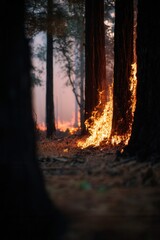 Tree trunk engulfed in bright orange flames during fierce forest wildfire. Dramatic scene of environmental destruction and danger. Ideal for climate change and nature disaster concepts.