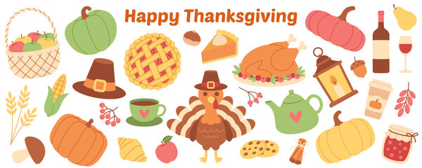 Simple colorful Thanksgiving illustration set: festive food, pumpkins, turkey, pie, berries, leaves, drinks, holiday elements. For scrapbooking, card, invitation, kids design. Flat vector. Hand drawn.