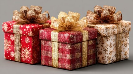 Festive Christmas gift boxes in a row, 3D style, isolated on white background, clean edges, perfect PNG for holiday designs and overlays