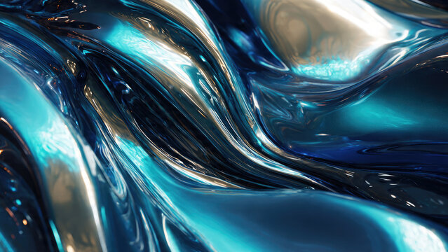 Dynamic abstract background of shimmering liquid metal waves. Glossy, reflective surface in vibrant blues, silver, and gold creates a futuristic fluid design.
