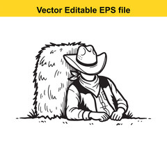Fototapeta premium Black and white line art illustration of a cowboy wearing a hat and bandana leaning against a large hay bale in a field, isolated on