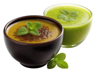 Two bowls of vibrant, healthy vegetable soups garnished with fresh mint leaves.
