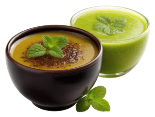 Two bowls of vibrant, healthy vegetable soups garnished with fresh mint leaves.