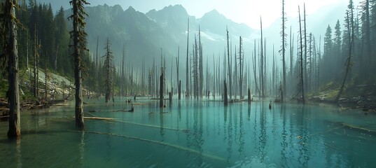 Stunning view of a turquoise alpine lake with numerous dead, standing snags against a backdrop of misty mountains and dense forest
