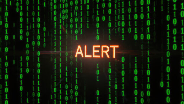An orange 'ALERT' message glows against a dark background of falling green binary code, symbolizing a critical digital warning or system issue.