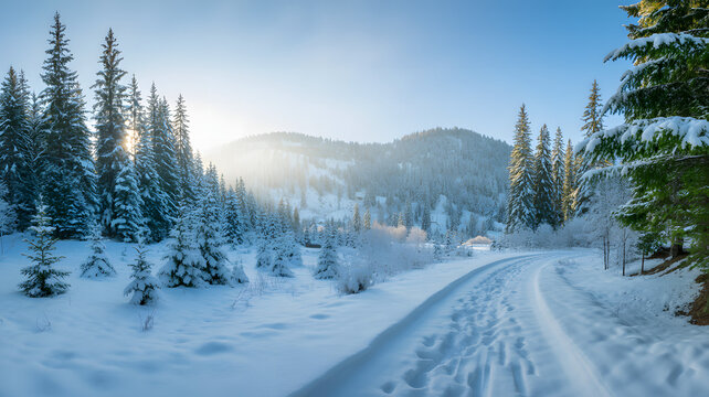 Sunlit snowy forest path leading to majestic mountains