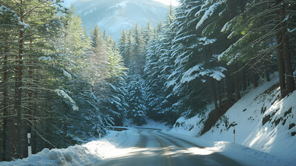 Snow covered forest road with sunlight filtering through trees