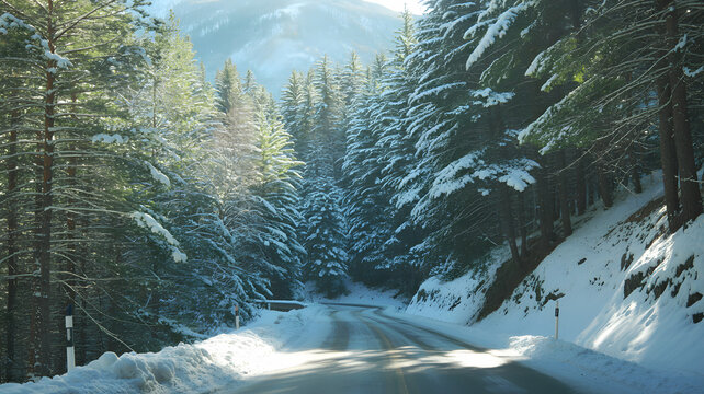 Snow covered forest road with sunlight filtering through trees