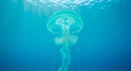 Luminous jellyfish swimming in deep blue ocean water. Vibrant underwater creature with glowing tentacles. Marine life and nature background for environmental concept.