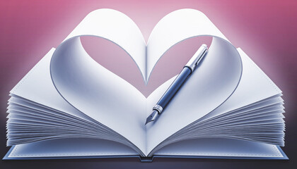 Kartki książki tworzące kształt serca na lekko różowym tle