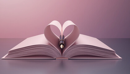 Kartki książki tworzące kształt serca na lekko różowym tle