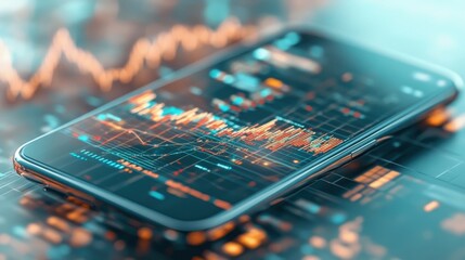 Mobile device displaying glowing financial market graphs and data, representing digital money and trading platforms.