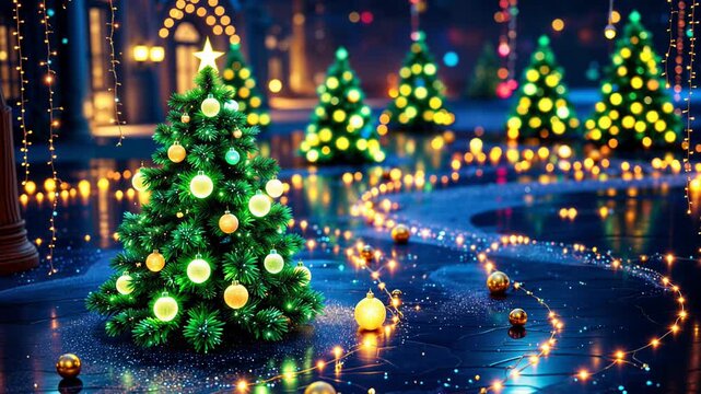 Enchanting winter scene with decorated Christmas trees and glowing lights on a reflective surface