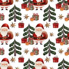 Seamless pattern with watercolor Santa holding gift sack, Christmas tree, wrapped present, star on white. Perfect for wrapping paper, textile, fabric and holiday designs.