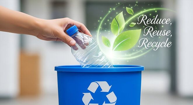 Hand placing plastic bottle into blue recycling bin with green leaves and text Reduce Reuse Recycle