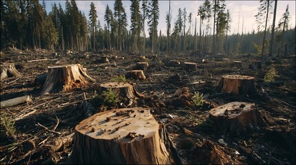 View of a recently clearcut forest area showing numerous large tree stumps scattered across the uneven, debriscovered ground under a distant line of remaining trees