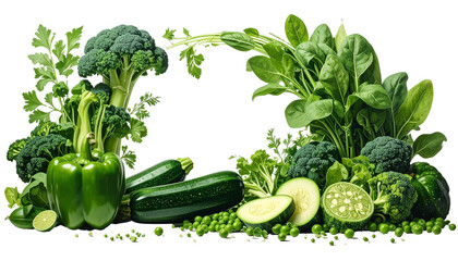 Fresh green vegetables like broccoli, spinach, and zucchini forming a border