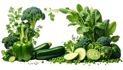 Fresh green vegetables like broccoli, spinach, and zucchini forming a border