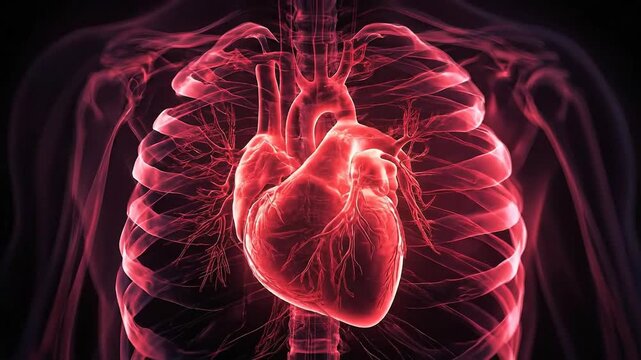 Red glowing human heart and thoracic cavity. Scientific medical art illustration of cardiovascular system for education and research. Anatomical organ.