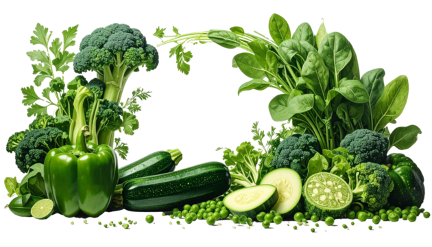 Fresh green vegetables like broccoli, spinach, and zucchini forming a border