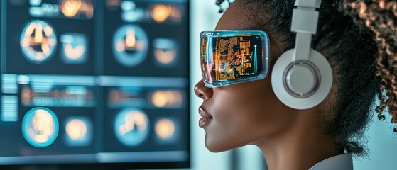 Person wearing advanced digital glasses and headphones, interacting with glowing futuristic financial data displayed on screens, representing fintech innovation and digital progress.