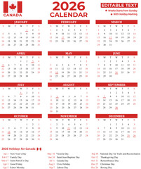 Canada 2026 yearly calendar with national holidays