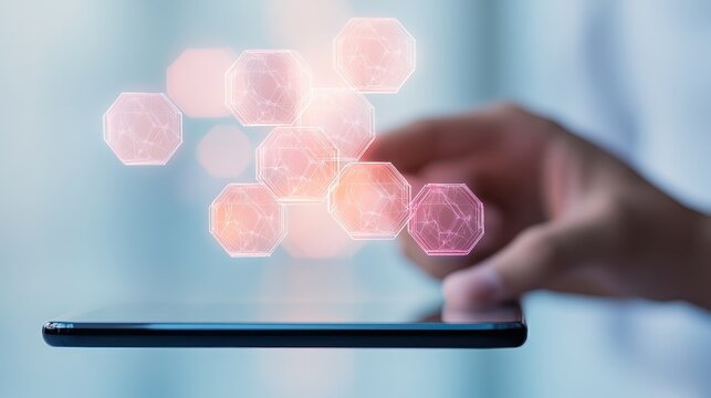 Hand holding smart device with glowing digital network nodes representing fintech innovation and data connection.