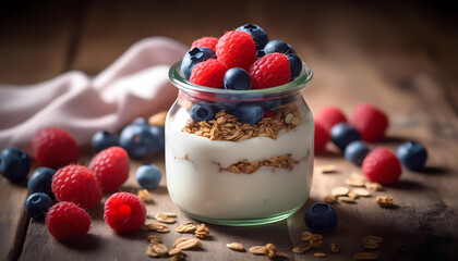 A glass jar filled with yogurt and berries