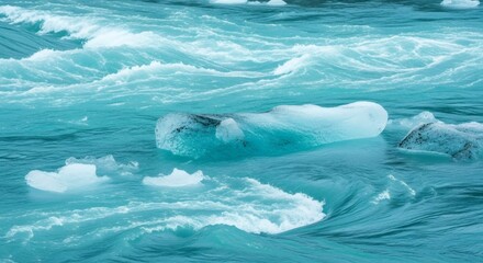 Iceberg floating in turquoise ocean with dynamic waves. Concept of global warming and climate change. Beautiful nature background.