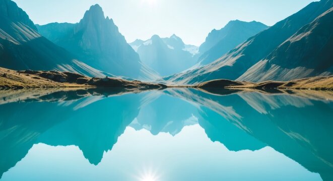 Tranquil mountain lake reflecting peaks under clear sky. Idyllic natural landscape with azure water. Concept for calm travel destination.