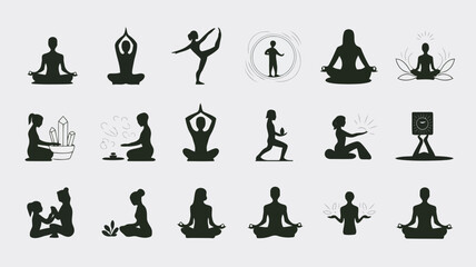 Collection of yoga and meditation poses illustrated in black silhouettes on