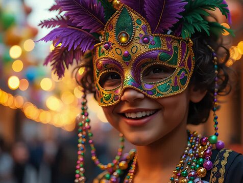 a woman wearing a colorful mask and beads