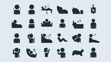 Set of icons depicting various sleeping and resting positions of people and animals