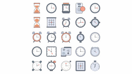 Collection of various clock icons and timerelated symbols including analog, digital, and hourglass designs