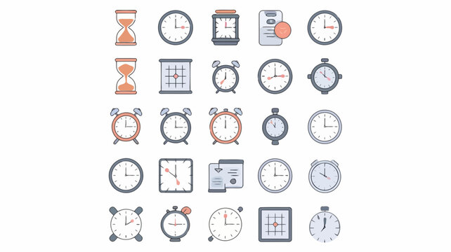 Collection of various clock icons and timerelated symbols including analog, digital, and hourglass designs - Powered by Adobe