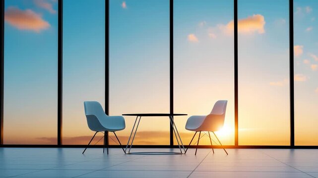 Minimalist meeting room with two chairs and table during sunset