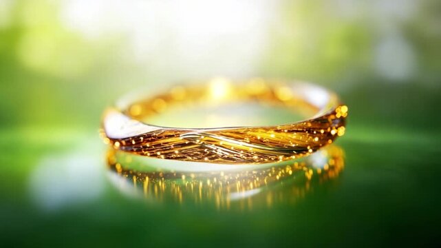 Golden Ring of Eternal Promise: A gleaming, intricately designed gold ring rests on a lustrous, emerald-green surface, the sunlight casting a soft, romantic glow.