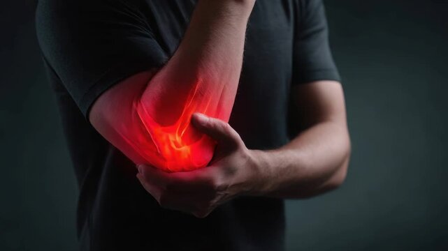 Man holding his painful elbow with red highlight showing injury. Medical illustration of elbow pain from injury, arthritis, or overwork suffer.