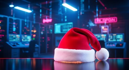 Santa Hat in a Neon-Lit Server Room for a Digital Christmas Holiday Celebration