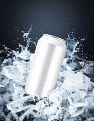 A can of soda is sitting on a pile of ice