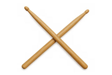 Wooden drumsticks crossing, symbolizing rhythm, music, and percussion, with transparent background for versatile design