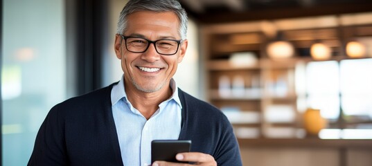 Confident aging businessman in modern glasses smiling while using a mobile office for work
