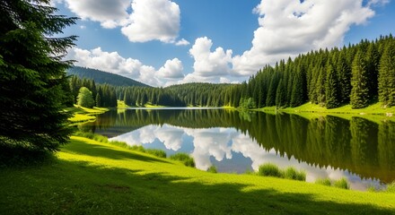 Serene mountain lake reflects lush green forest and blue sky with white clouds nature landscape