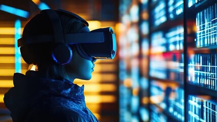 Video A person wearing a virtual reality headset stands in front of a large screen displaying digital data, possibly for analysis or training purposes - Powered by Adobe