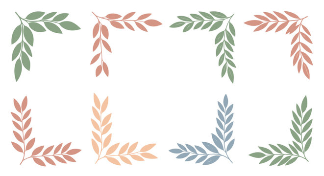 Collection of eight elegant leaf corner borders in various pastel colors perfect for decorative designs.