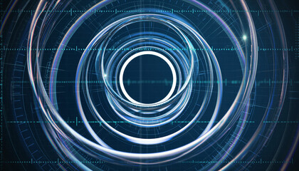 Abstract Circular Waves: Digital artwork showcasing intricate, glowing circular wave patterns against a deep, dark backdrop, representing the essence of data, movement, and the intangible.